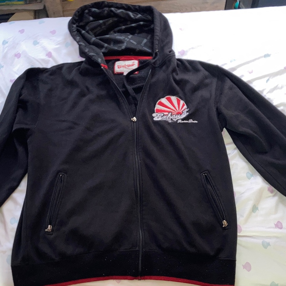 Exhaust Black Hoodie with zipper Red and White Logo
